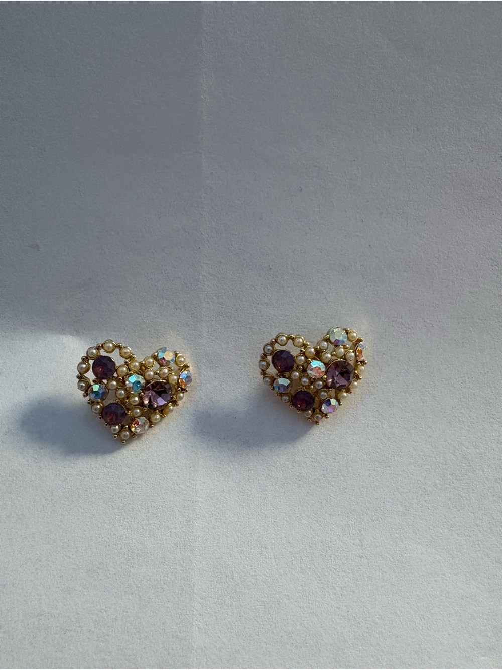 Gold Heart Crystal Stud Earrings with Purple Stones